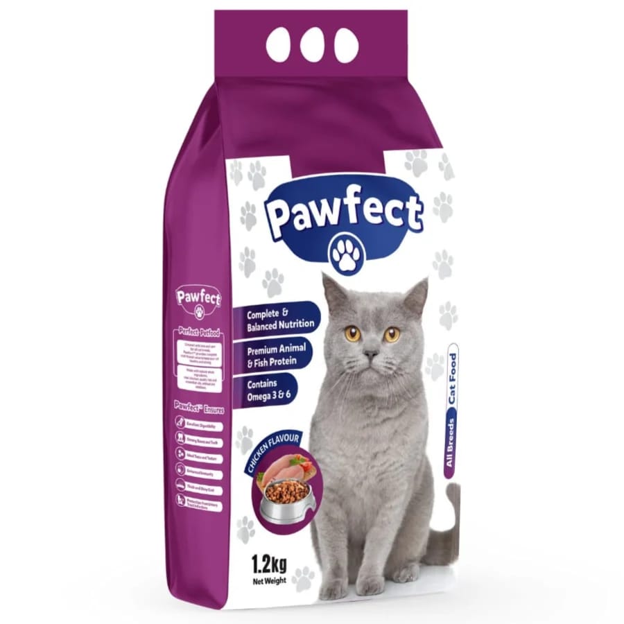Pawfect Adult Cat Food 1.2kg Pakistan Made Pawfect Chicken Fish Cat Food with Taurine & Omega