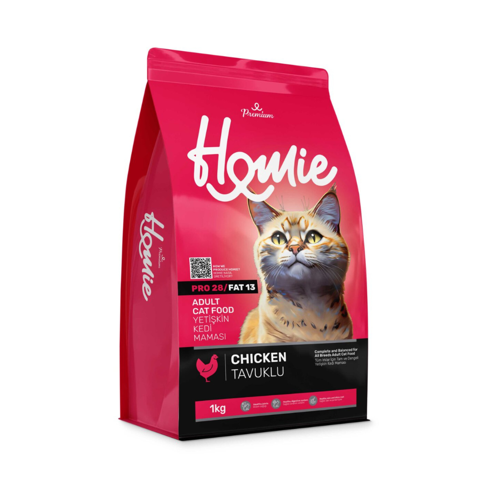 Homie PRO 28 Chicken Adult Cat Food, 1kg – High in protein, supports skin, coat & immunity. Imported, premium nutrition for all adult cat breeds.