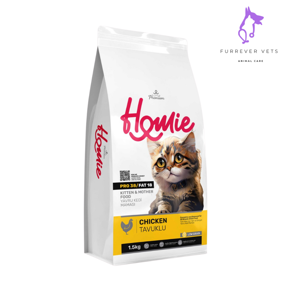 Premium kitten and mother cat food by Homie. 44% chicken protein, omega-rich, supports growth, immunity, and milk production. Imported. 1.5kg.