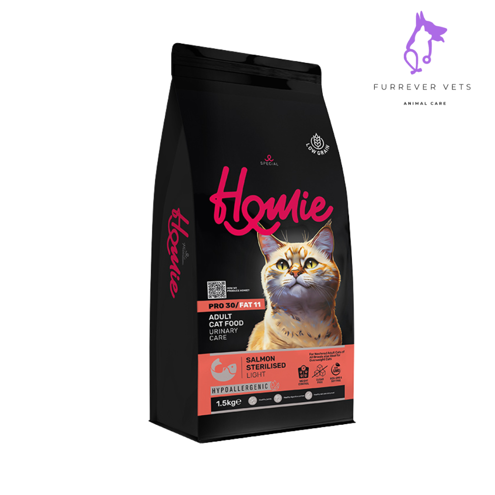 Homie Sterilized Cat Food with Salmon – 1.5kg. Low grain, high protein formula supports weight management, coat health & energy in adult sterilized cats.